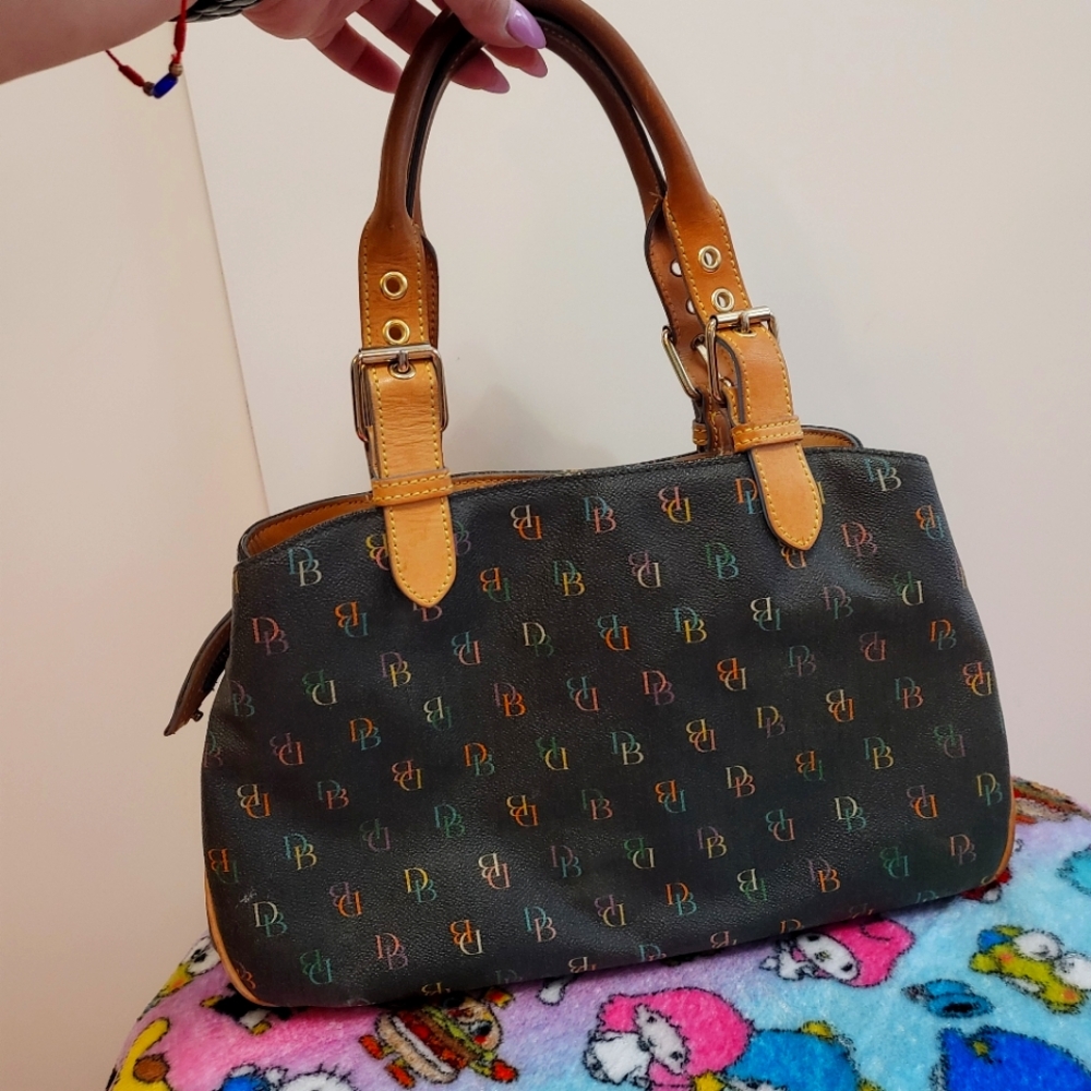 Dooney & Bourke Black Satchel with Tan Leather Trim and Multicolor Logo